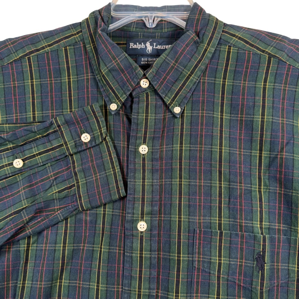 Ralph Lauren Big Shirt Mens Large Green Plaid Cotton Button Down Long Sleeve